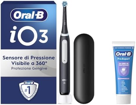 Oral-B iO 3 Spazzolino Elettrico Ricaricabile, 1 Testina di Ricambio, Nero - 1 Testine di Ricambio per Spazzolino Elettrico, Custodia da Viaggio + 1 Dentifricio Pro-Expert Sbiancante Delicato