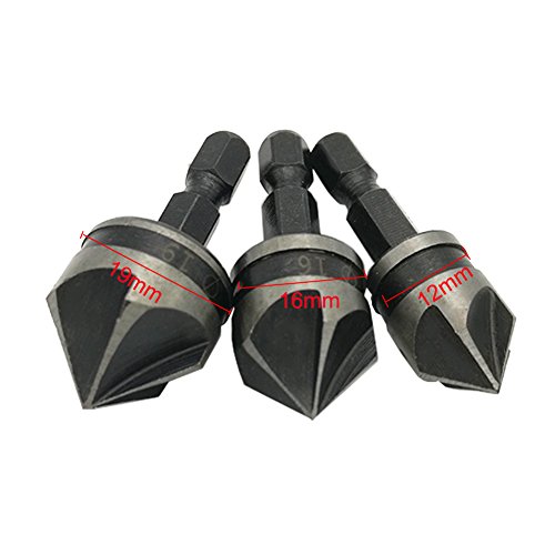 JTENG 3 pcs Senker WS 6.35 kant ø 12mm / 16mm / 19mm Senkbohrung Set 1/4 Zoll Hex Fase 5 Flöte Quick Change Bits - 2