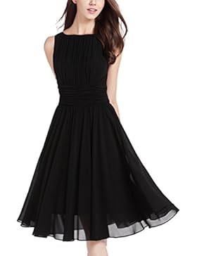 MILEEO Damen Chiffon Kleid Knielang mit Plissee-Falten Ärmellos Cocktailkleid Elegant Schwarz Rot