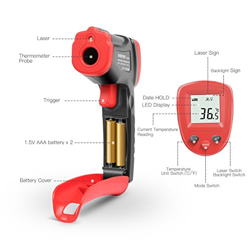 Laser Infrarot Thermometer, Eventek Pyrometer Temperaturmessgerät -50 bis +380°C, Berührungslos Thermometer Digital LCD Beleuchtung, schwarz/rot - 2