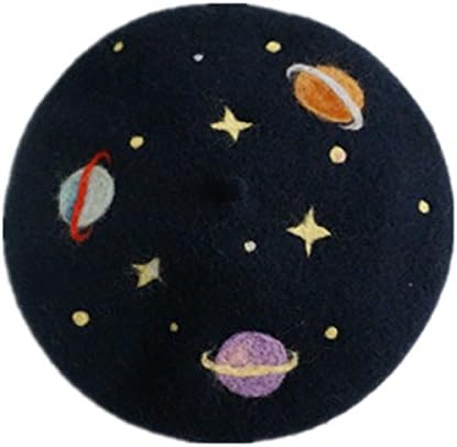 Ladies Japanese Harajuku Style Wool Felt Handmade Cap Gradient Sky Universe Beret Hat Painter Cap,Navy-52_54cm