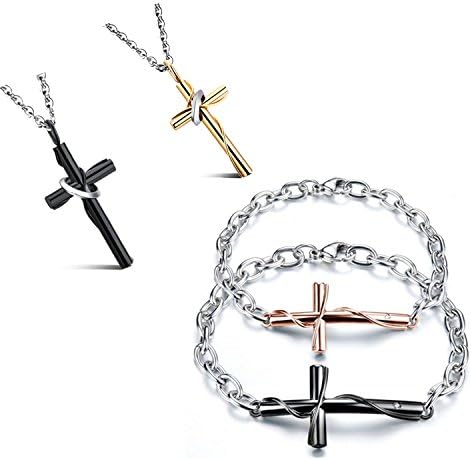 Eshion Jewelry Stainless Steel Matching Couple Bracelets and Pendant Necklaces Forever Love Cross Jewery Set For Women and Men (Couple Necklaces&Bracelets)