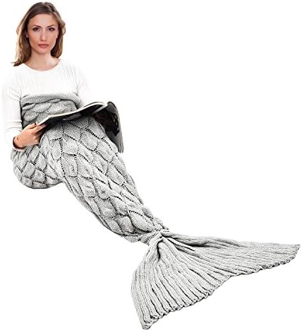 eCrazyBaby Wearable Mermaid Tail Blanket Crochet, All Seasons Warm Knitted Bed Blankets Sofa Living Room Quilt for Kids and Adults, Fish-Scales Pattern, 76.8" x 35.5" (195 x 90cm), Luxury Grey