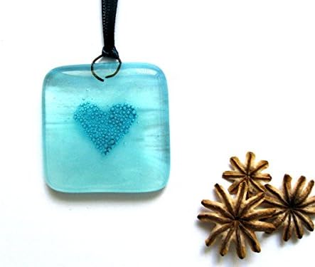 Aqua blue, bubble heart sun catcher decoration - 1 X fused glass heart design on a streaky Aqua blue and white glass background