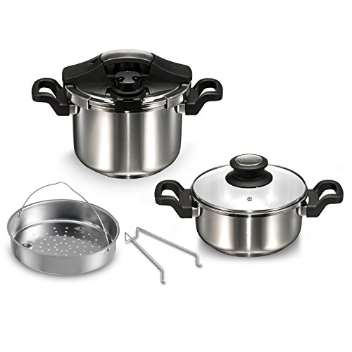 BEEM Vitatherm, 4.0 + 6.0 L Schnellkochtopf mit Einhandbedienung und Marathon BIO-LON Ceramic Antihaftversiegelung, Edelstahl