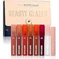Beauty Glazed 8pcs/set,6Pcs Matte Liquid Lipstick + 1Pcs Balm + 1Pcs Lip Plumper Oil Makeup Set, Nude High Pigmented Long Lasting Waterproof Velvet Moisturize Lip Gloss Set for Girls and Women
