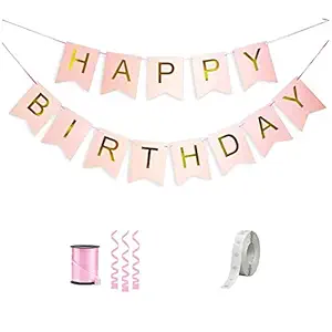 Hankley Pink & Golden Birthday Banner with String (Assorted) and Wall Adhesive Tape Birthday & Home Decorations