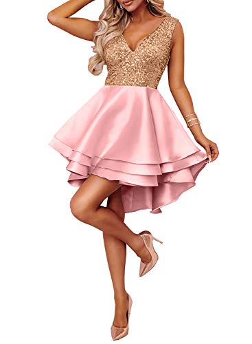 Aleumdr Femme Mini Robe de Cocktail Evasé à Paillettes en Satin Robe Patineuse Plissé Taille Haut Pailleté Col V Dos V sans Manche A-ligne Ourlet Multicouche Zippé Elégant Mode Vintage Soirée Rose S-L