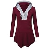 Yvelands Damen Tops Shirt Langarm Unregelmäßiger Saum Mit Knopf Sweatshirt Casual Tops Bluse(Weinrot,CN-M)