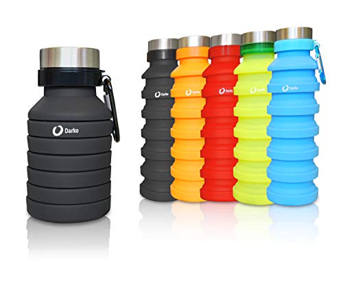 Darko - Borraccia Pieghevole, Silicone, Ecologica, BPA Free, ermetica, Palestra, Escursionismo, Campeggio, Corsa, Trekking, con Gancio, Morbida, 550ml (Nera)