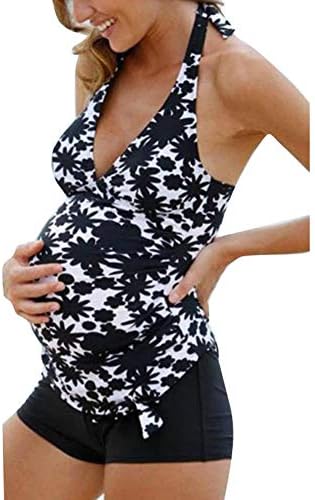 Hibote Maternity Swimsuit Women's Pregnancy Halter Floral Tankinis Swimsuit Black