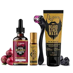 Ligera 4-Step Beard Growth Kit For Men with Onion Beard Growth Oil-30ml, Mustache Growth Roll-on Oil-8ml, Beard & Face Wash,0.5mm 540 titanium needles Beard Activator (Derma roller) For Fast Beard Growth
