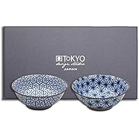 Tokyo Design Studio Kristal, 2 Cuencos 21 cm en Juego, Color Azul y Blanco