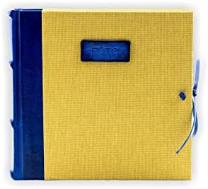 Photo Album Bound in Leather and Canvas, Blue and Yellow, H20xL20, Corium Collection, Hand Made in Italy by Legatoria Toscana, Tuscan Handcrafted