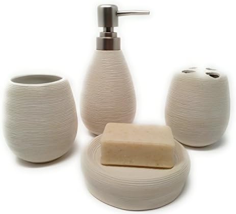 Bathroom accessories set Fiveto. Soap Dish Plus Soap Dispenser Rinsing Glass And Toothbrush Cup. This Set Of Toilet Accessories Is Available In 3 Colours and Made of Ceramic
