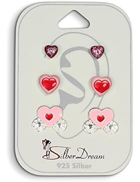 Teenie Weenie Kinder Ohrstecker 3er Set Herzen 925er Silber Mädchen SDS801