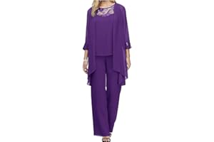 GOOLECRIMP Ensemble 3 pièces en Mousseline de Soie pour Femmes Comprenant débardeur Cardigan Pantalon Long Robe de Maman de Mariage élégant col Rond Pantalon en Dentelle
