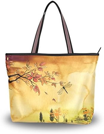 UHONEY Extra Large Handbags for Women,Colorful Dragonfly In Sunset Decoration Orange,Fashion Design Ladies Shoulder Tote Bag