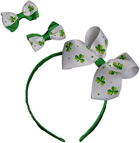 St Patrick's Day Girls Green Shamrock Hairband and 2 Clip In Bows