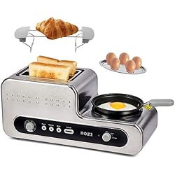 Rozi  Grille Pain 5 en 1 avec Poêle  Grille Pain Multifonction 2 Tranches ， Fabricant de petit déjeuner pour Grille-pain / Cuisson Au Four / Vapeur / Ébullition / Cuisson 1230W (Argent)