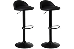 LOLAhome Set de 2 Taburetes de Cocina Giratorios en 360°, Juego de Sillas de Bar Regulables en Altura de 72 a 92 cm, con Respaldo de Polipiel, Estructura Metal Negra y Reposapiés, Negros