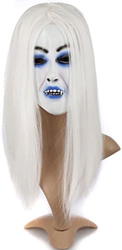 Latex Creepy Scary Halloween Toothy Zombie Ghost Cosplay Costume Mask Scary Emulsion Skin with Hair , white hair does not bleed money