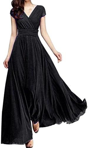 Hevoiok Women Long Chiffon Dress, Summer Newest Fashion V Neck Bohemia Solid Casual Beach Dress (3XL, Black)