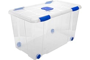 AC - Caja de ordenación con Tapa y Ruedas de plástico Transparente N.º 12. Contenedor para almacenar Juguetes, Libros, Ropa, Mantas. Capacidad 90 litros. Dimensiones Aprox.: 73,2 x 41,2 x 31 cm