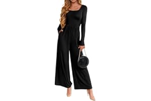 Sukiglam Mono Mujer Manga Larga Cuello Cuadrado Pantalones de Pierna Ancha Slim Jumpsuit con Bolsillos Casual Monos Elegante Romper Una Pieza Informal de Elasticidad Cintura Alta Enterizo para Salir