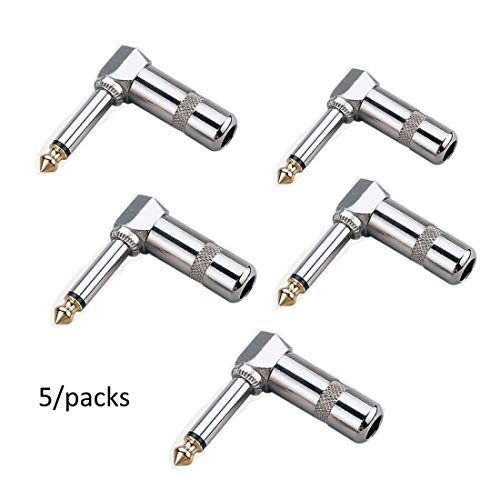 Un paquet de 5 1/4 "Kit Jack Audio Angle Droit pour Câble Microphone Haut-Parleur, Prise Jumbo TS, Soudure Guitare / Jumper, Serpent - TS Monochrome Mâle, Lecteur de Disque 1/4", Prise Téléphone 6.3mm