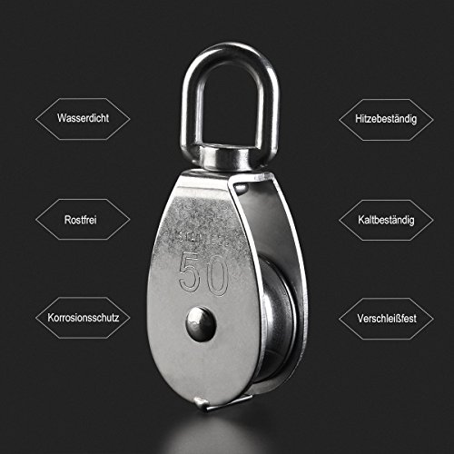 ULTNICE 50mm Swivel Pulley Block Edelstahlblock Umlenkrolle Rolle Edelstahl Laden 400kg (Silber) - 3