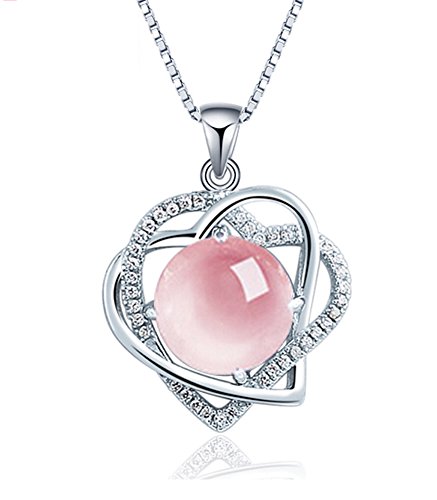 Forfamilyltd Cuarzo Rosa - Regalos Navidad-Collares Mujer Corazón Chapado en Oro Blanco Cristal Claro 45cm