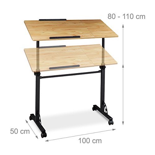 Relaxdays Laptoptisch groß XXL höhenverstellbar, HxBxT: 110 x 100 x 50 cm, Holz, Mobiles Rednerpult, Bremsbare Rollen, Notebook, Beamer, Laptops, 2 Ablagen, Eiche natur - 2