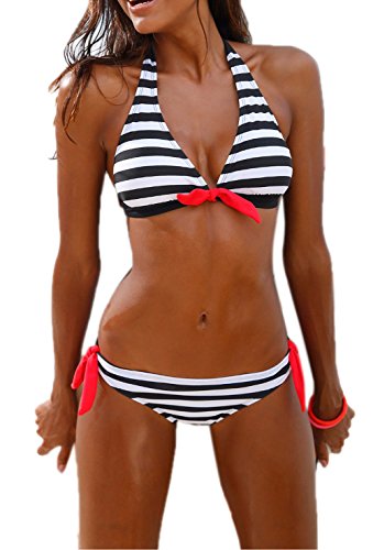 Damen Vintage Casual Streifen Bikini-Sets Push Up Bademode Badeanzug