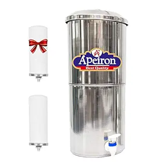Apeiron Stainless Steel Non-Electric Water filter With 1 Ceramic Candle With Brass Knob 16 Liter Capacity?