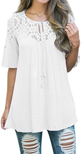Hmeng Women Fashion Casual Spring Summer O-Neck Lovely Soft Floral Print Lace Tops Tie Loose Short Sleeve Long Size Blouse T Shirt Tee New Look Sport Blouse Tops For Women Girls (M, White)
