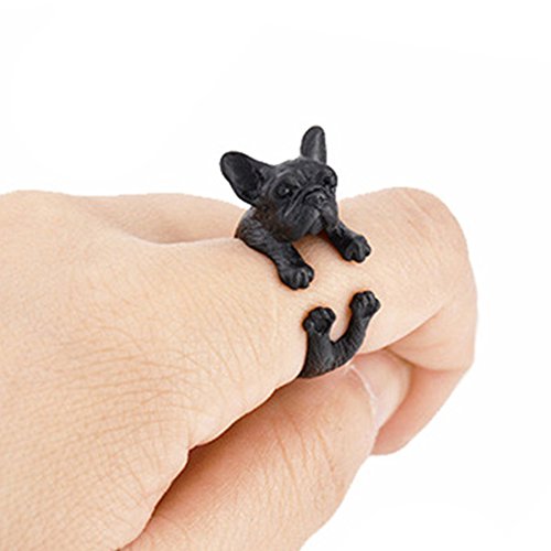 ECYC Anello di Bulldog Francese Fatto A Mano Dell'Animale Domestico del Bulldog Regolabile dell'Annata, Nero