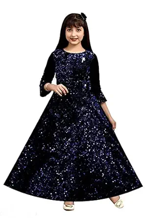 Ribacouture Front Sequnce Kids Gown Girls Knee Length Dress 3/4 Sleeve