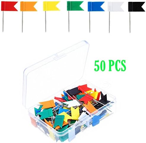 PEIUJIN 50 Pieces Map Flag Push Pins Tacks in Box, Assorted 7 Colors