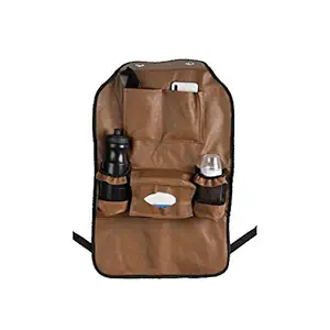 Suzec PU Leather Auto Car Backseat Organizer with Multiple Pockets (6) for Kids Toys, Bottles Storage and Tissue Box Holder (Beige)