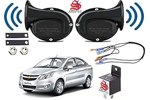 SHOP4U Square Shape Car Windtone Horn with Raley and Wire for Chevrolet Sail (Set of 2 Horn with Relay and Wire, Black)