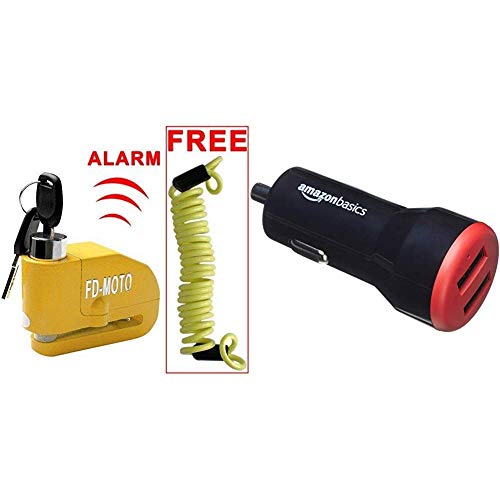 FD-MOTO - Dispositivos Antirrobo Candado de Disco con Alarma Antirrobo Acero 7mm 110DB Amarillo + AmazonBasics - Cargador de Coche, de 4,8 A / 24 W, 2 Puertos USB, Negro/Rojo