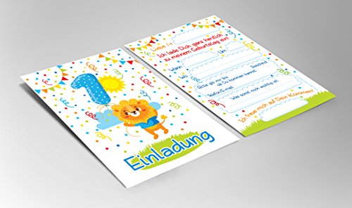 12 Einladungskarten zum 1. Kindergeburtstag für Jungen/Mädchen / bunte Einladungen zum Geburtstag für Jungen/Mädchen „Süße Tierchen / Süßer Löwe“ - 3