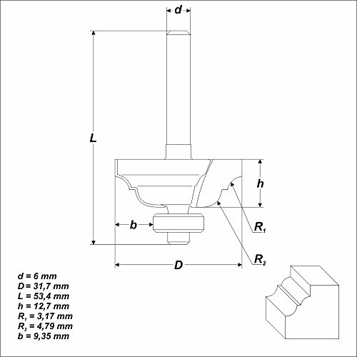 HM Profilfräser R 3,17 mm Ø 31,7 mm Schaft 6 mm Profilmesserkopf Holzfräser Fräser - 4