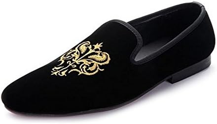 Men's Fashion Velvet Slip-on Shoes Round Toe Mens Casual Embroidered Loafers (45 EU MEN, Black Royal)
