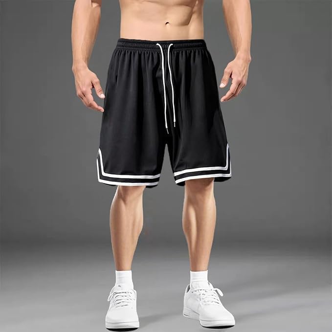 Pantalones cortos de entrenamiento a rayas de secado rápido para hombre, absorben la humedad, cintura elástica y bolsillos para gimnasio, correr, deportes, color negro clásico