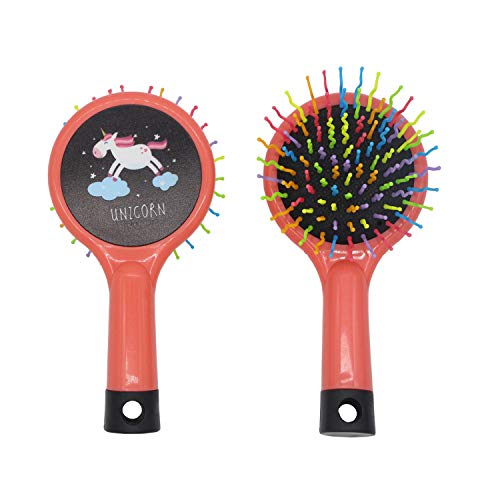 Unicorn Hair brush, Red Paddle Hair Brush with Rainbow S-Curve Ball Tip Bristle & Air Cushion Anti Static No Tangle Plastic Comb for Wet Curly Thick Damaged Frizzy Hair Massage, Detangling Hairbrush