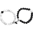 BEAUTIVIA Unisex-adult Two Pcs Set Couple Bracelet Gifts Heart Shape Alloy Magnet Wristband Stone Beaded Bracelet Valentine Lovers Black And White Gift Couple Magnetic Distance Bracelet