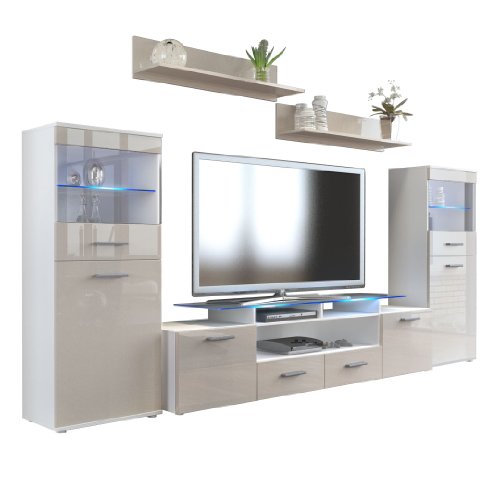 Vladon Wohnzimmer Wohnwand Anbauwand Schrankwand Almada V2, Korpus in Weiß matt/Front in Sandgrau Hochglanz Vladon Wohnzimmer Wohnwand Anbauwand Schrankwand Almada V2, Korpus in Weiß matt/Front in Sandgrau Hochglanz