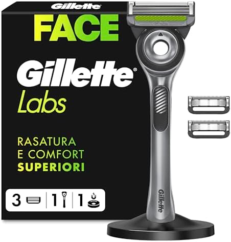 GilletteLabs Rasoio A Mano Libera Con Barra Esfoliante, 1 Manico + 3 Lametta Di Ricambio, Include Base Magnetica Premium